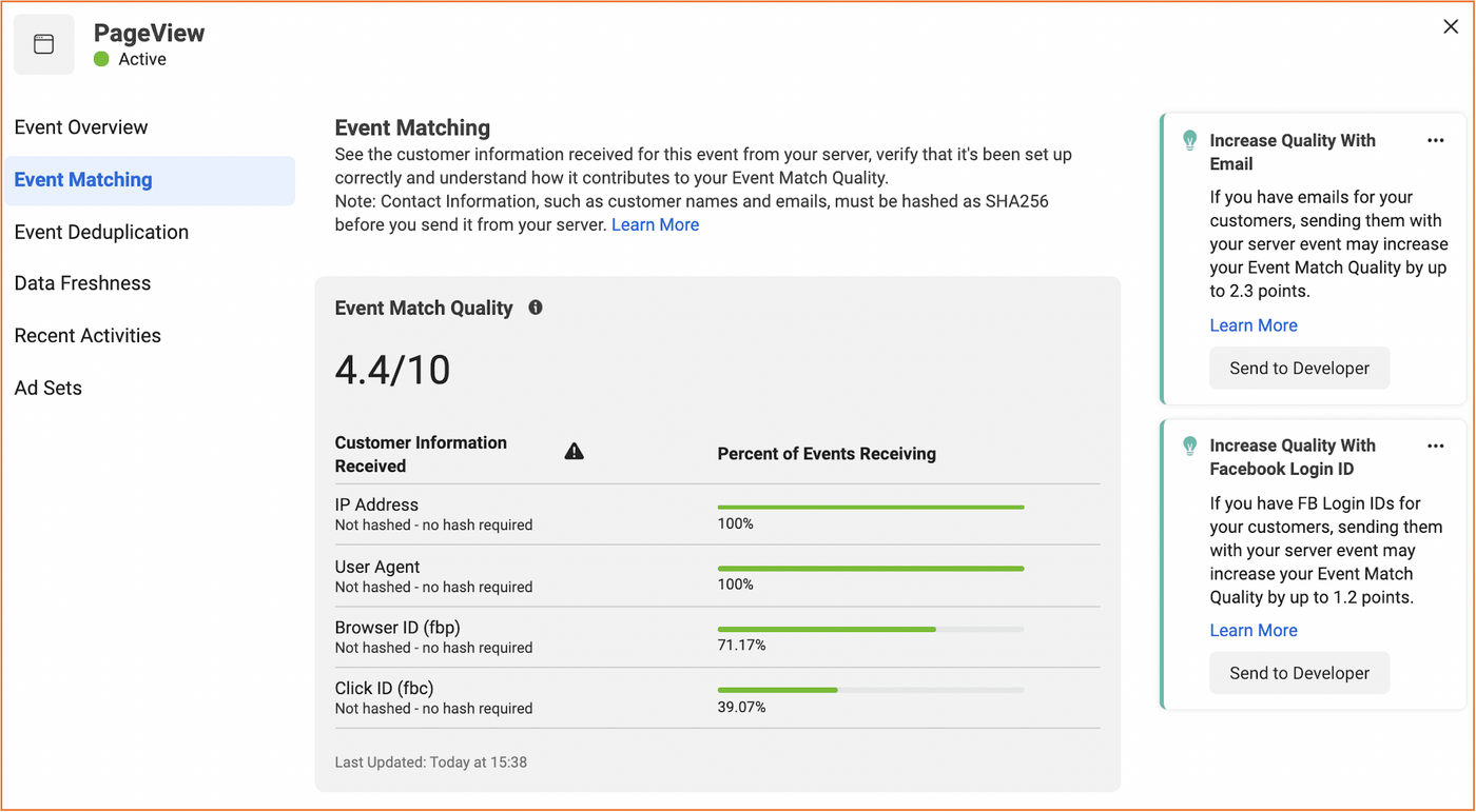 Painel de Event Match Quality do Meta Events Manager mostrando pontuação Great após implementação de CAPI + Advanced Matching